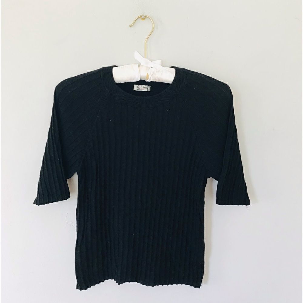 Free people | black ribbed 1/2 sleeve crew neck fitted knit top | size medium